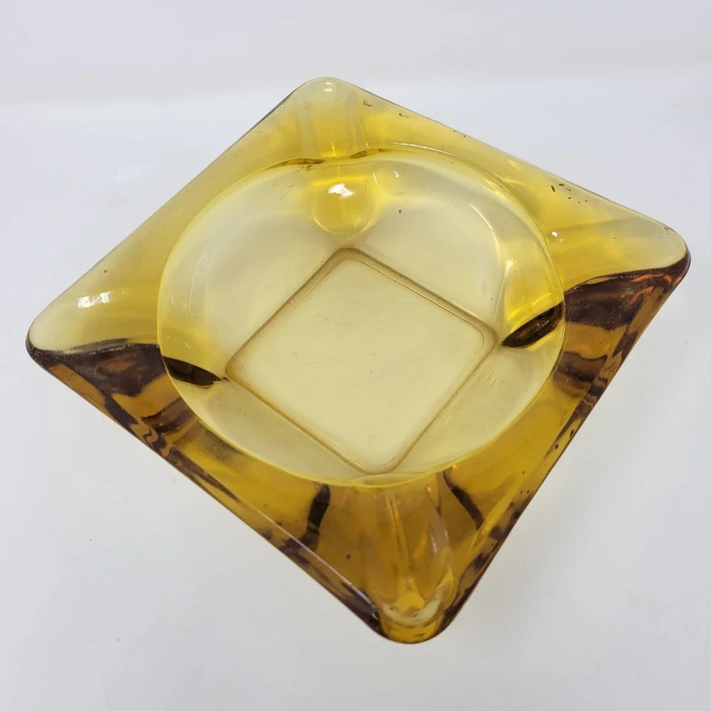 Vintage Amber Glass Ashtray Square‎ Diamond Cut Heavy Glass 6